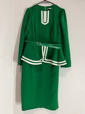 Eydis Green Peplum Dress with White Trim